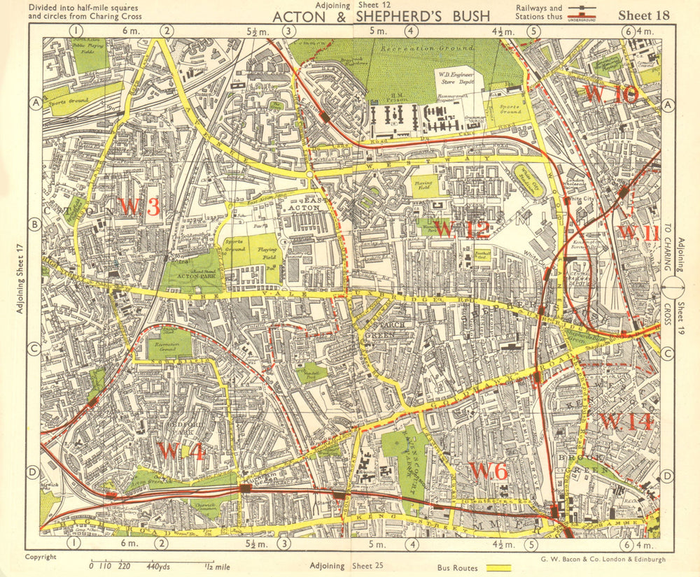 W LONDON. Acton Shepherd's Bush Brook Green West Kensington. BACON 1955 map