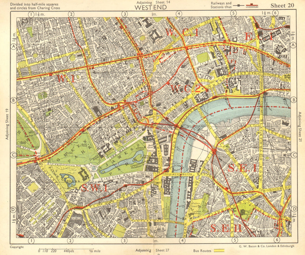 LONDON WEST END. Soho Mayfair Marylebone Lambeth Holborn. BACON 1955 old map
