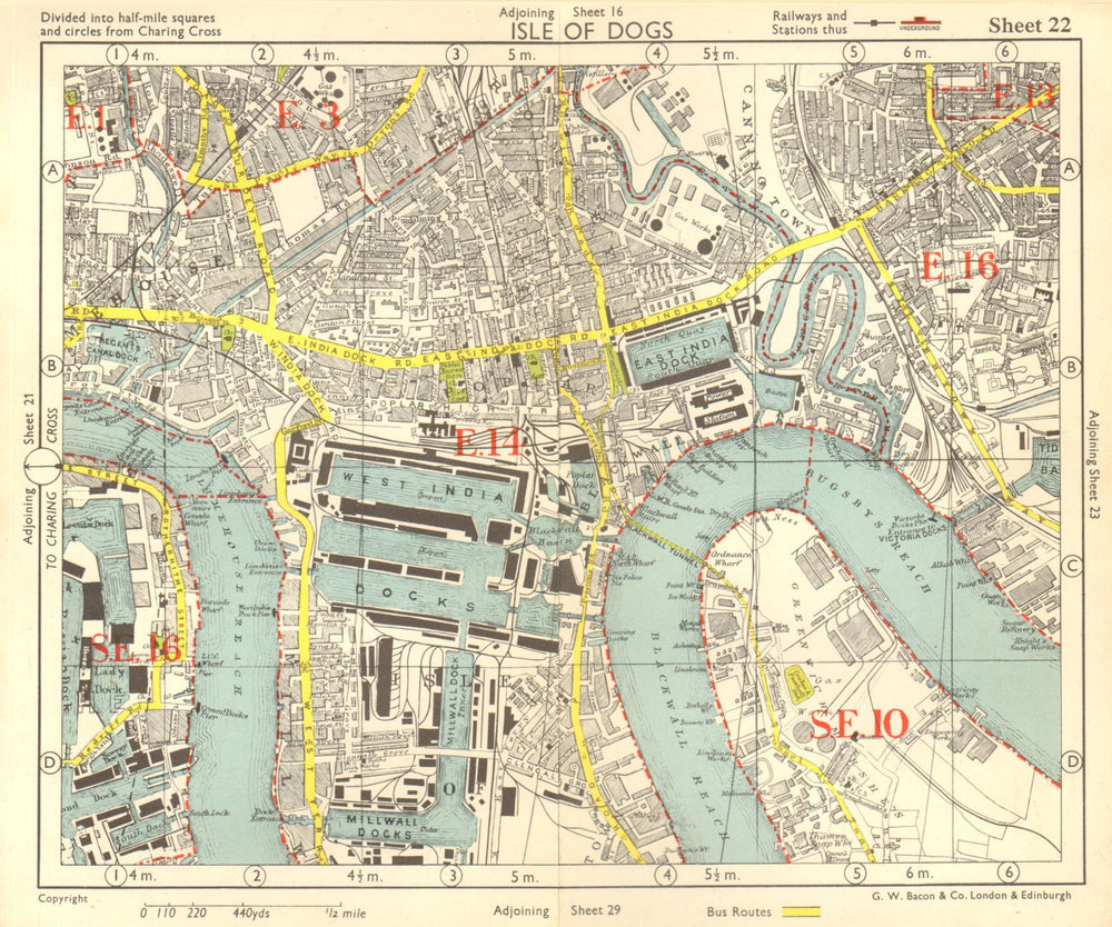 E LONDON Surrey Docks Isle of Dogs Canning Town Poplar Limehouse.BACON 1955 map