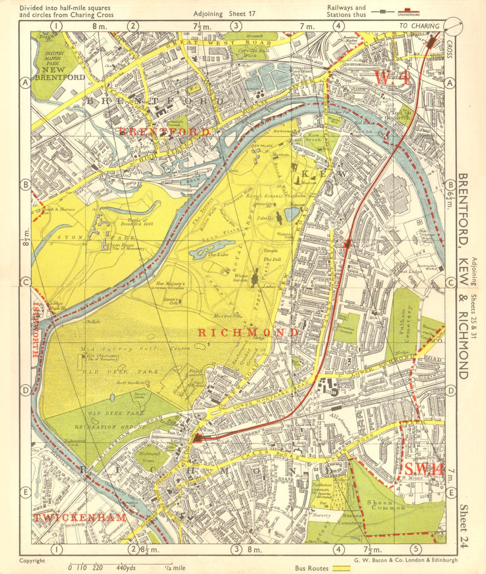 SW LONDON. Brentford Kew gardens Richmond Sheen Chiswick. BACON 1955 old map