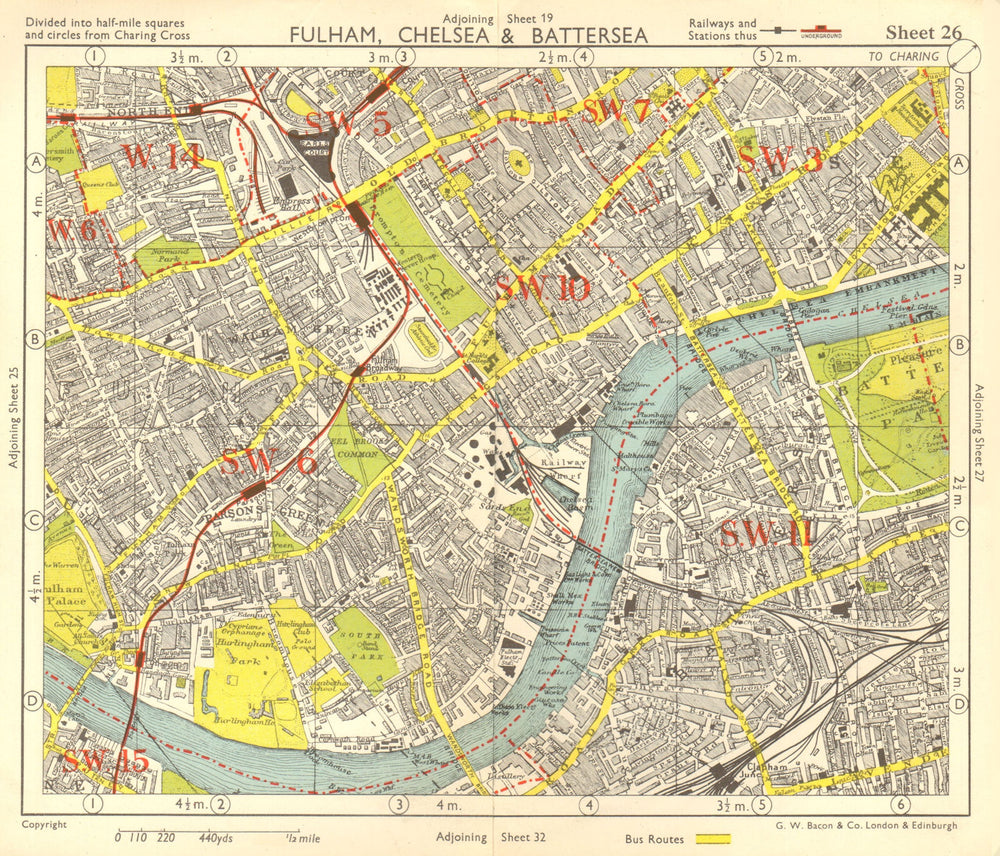 SW LONDON. Fulham Chelsea Battersea Walham/Parson's Green. BACON 1955 old map