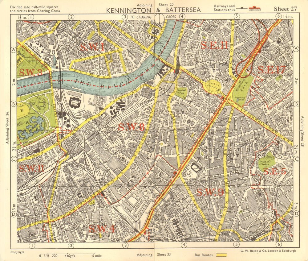S LONDON. Kennington Battersea Pimlico Brixton Lambeth Clapham. BACON 1955 map