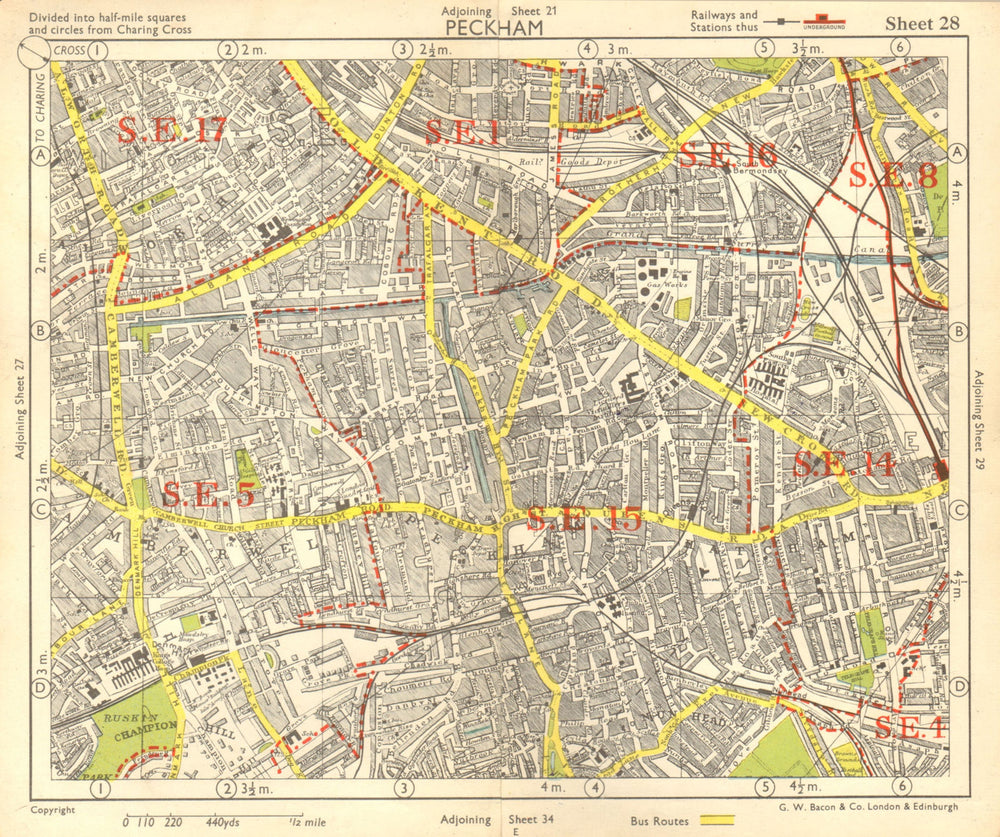 SE LONDON. Peckham Camberwell Hatcham Denmark Hill Surrey canal. BACON 1955 map