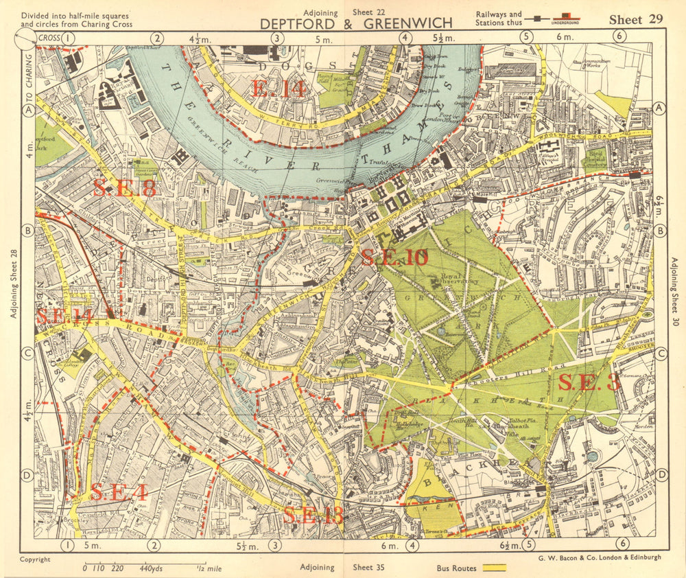 SE LONDON. Deptford Greenwich Cubitt Town Lewisham Blackheath. BACON 1955 map