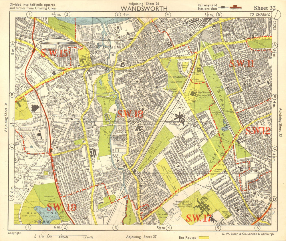 SW LONDON. Wandsworth E Putney Wimbledon Earlsfield Southfields. BACON 1955 map