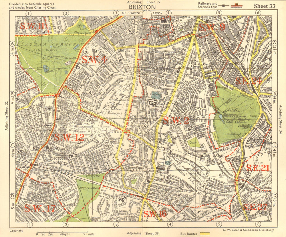 S LONDON. Brixton Clapham Balham Herne Hill Streatham Tusle Hill.BACON 1955 map