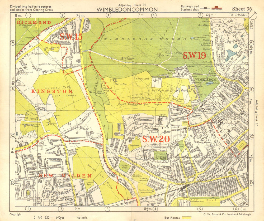 SW LONDON. Wimbledon Common Cottenham Park Malden Coombe Hill. BACON 1955 map