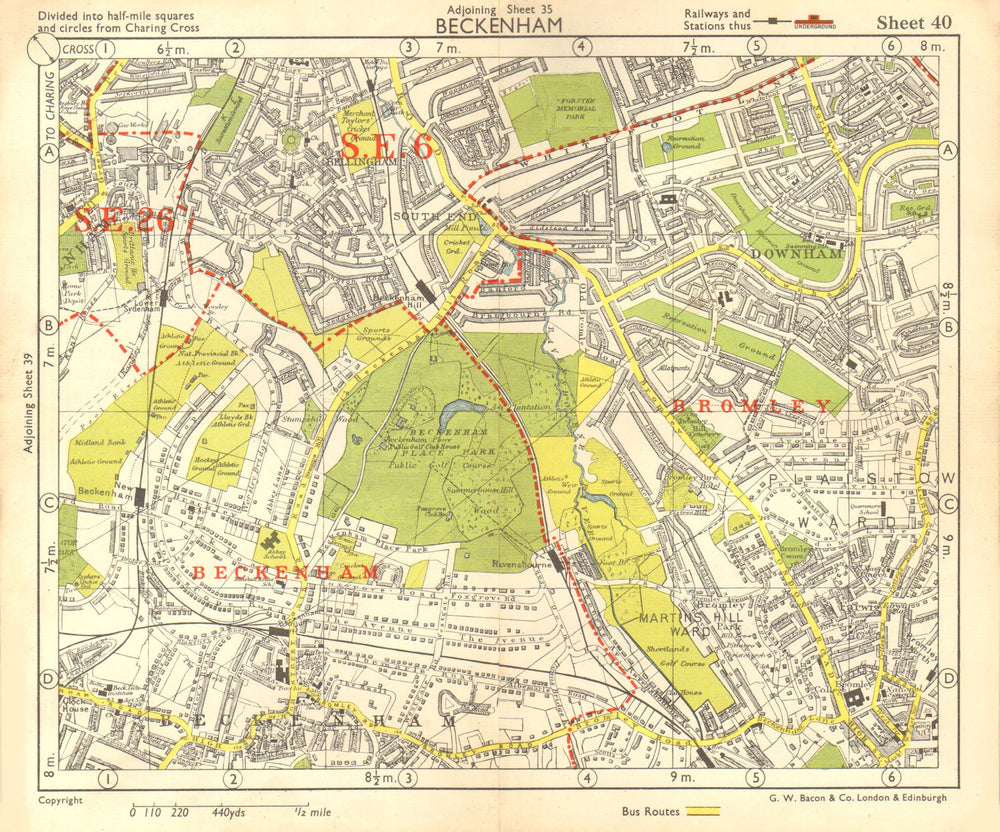 SE LONDON. Beckenham Downham Bellingham Bromley Bell Green. BACON 1955 old map