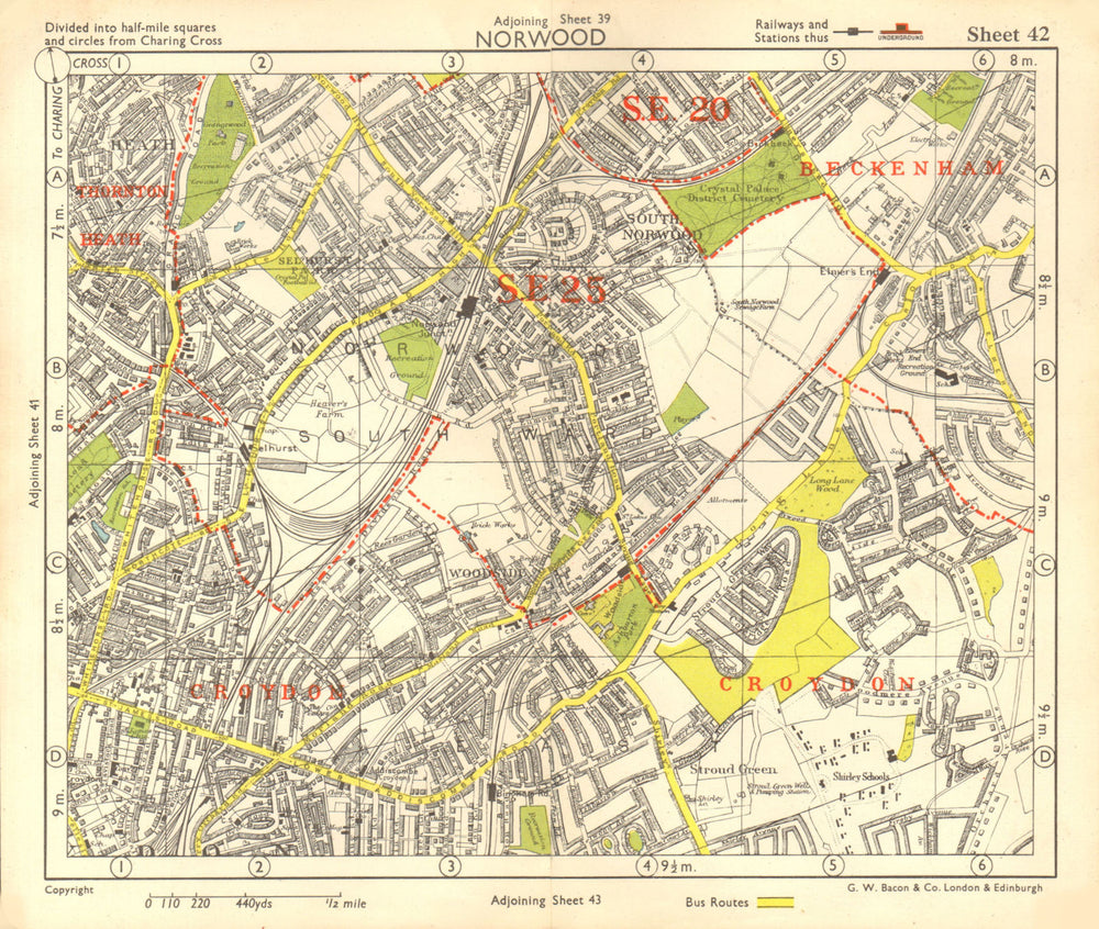 S LONDON. Norwood Elmer's End Selhurst Croydon Addiscombe. BACON 1955 old map