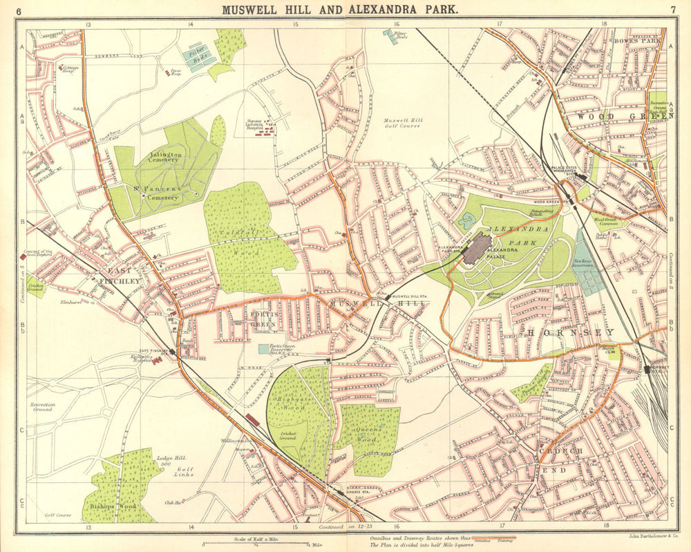 LONDON N. Muswell Hill Alexandra Park Wood Green Finchley Crouch End 1917 map