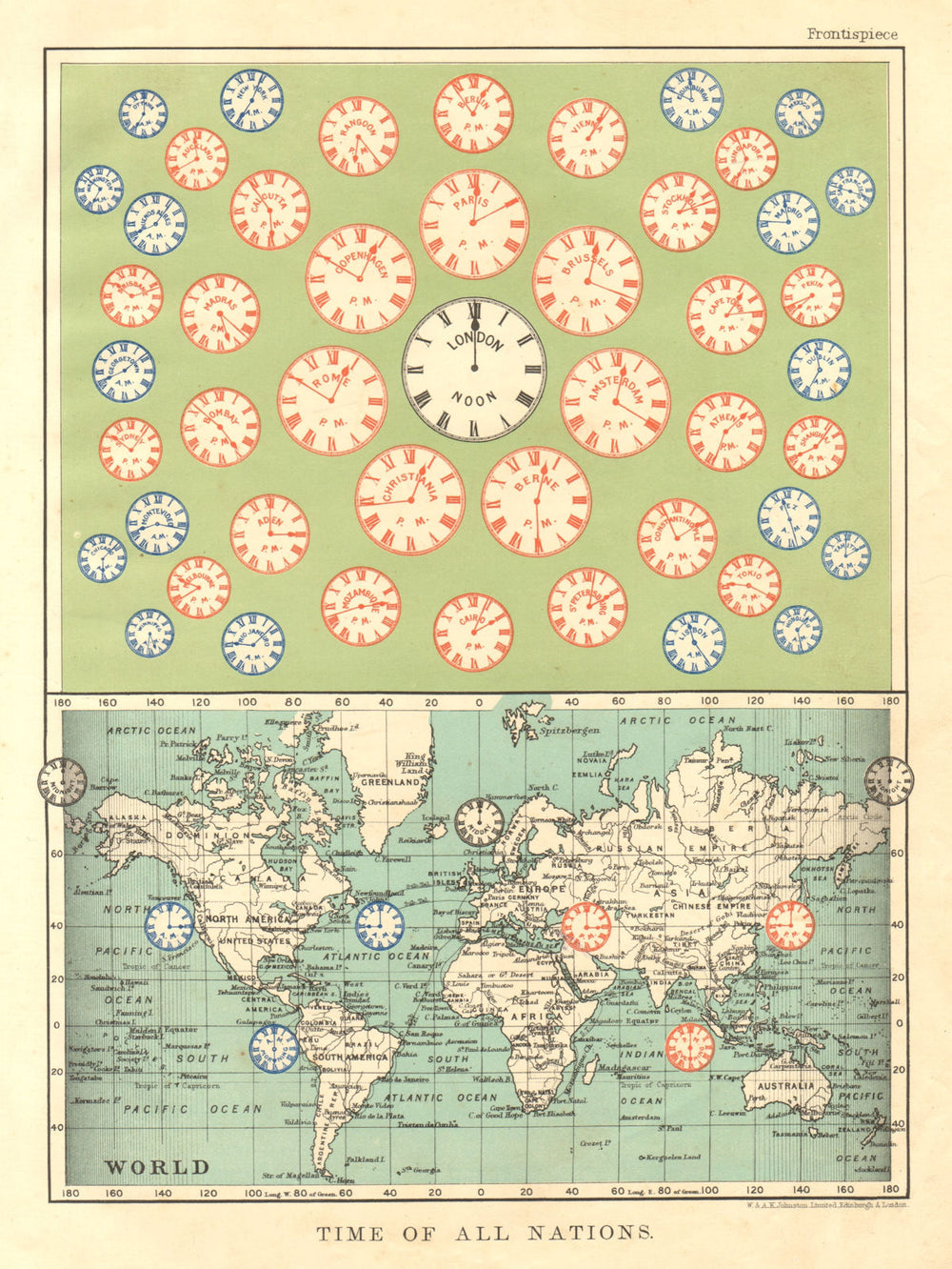 TIME OF ALL NATIONS. predates UTC/standard hourly time zones.  JOHNSTON 1906 map