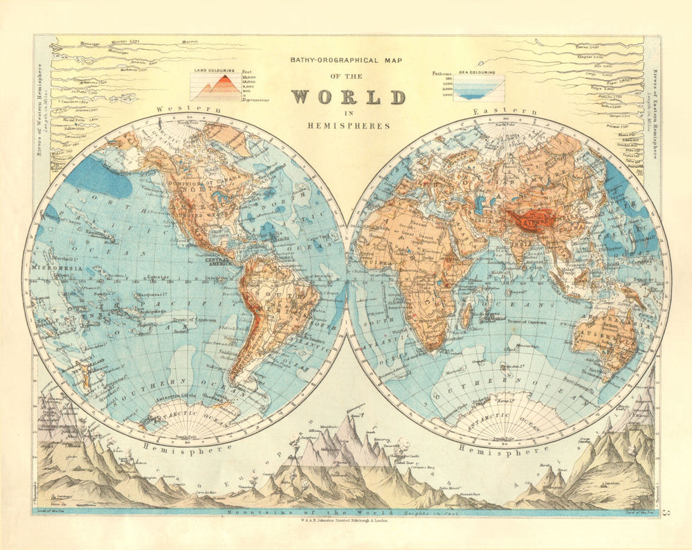 WORLD TWIN HEMISPHERES. Relief. Mountains. Rivers.  JOHNSTON 1906 old map