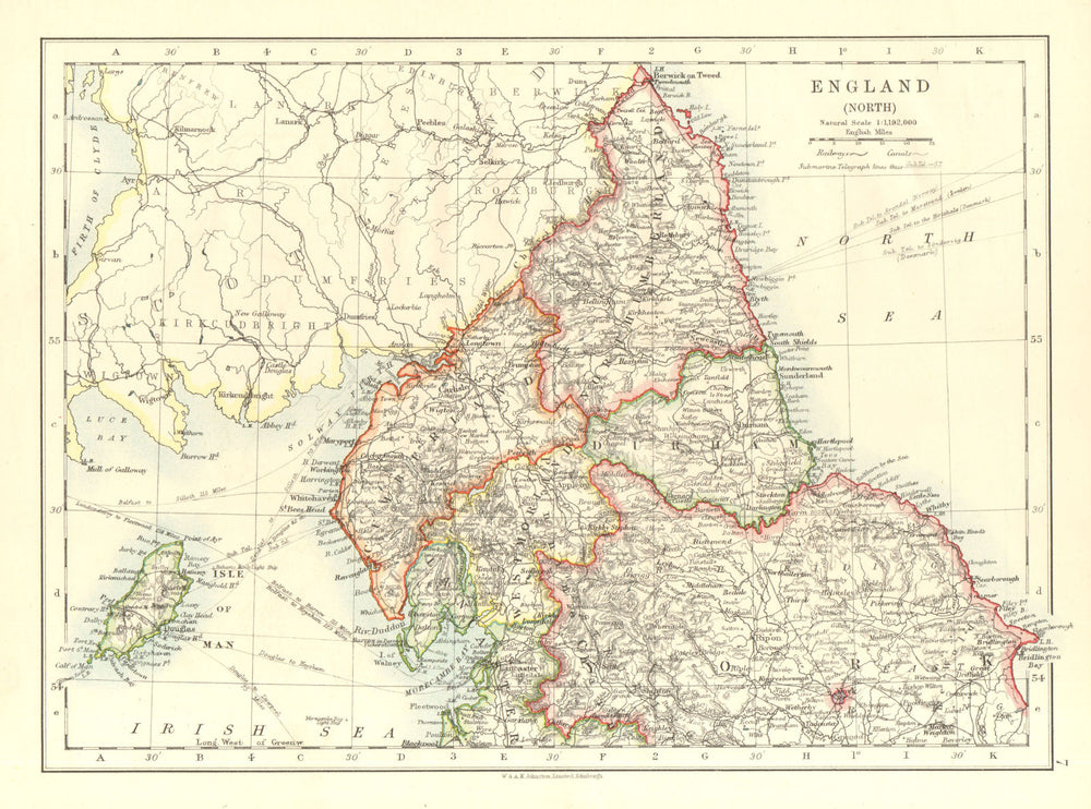 NORTHERN ENGLAND. Northumbs Durham Cumbs Westm N Yorks IOM.  JOHNSTON 1906 map