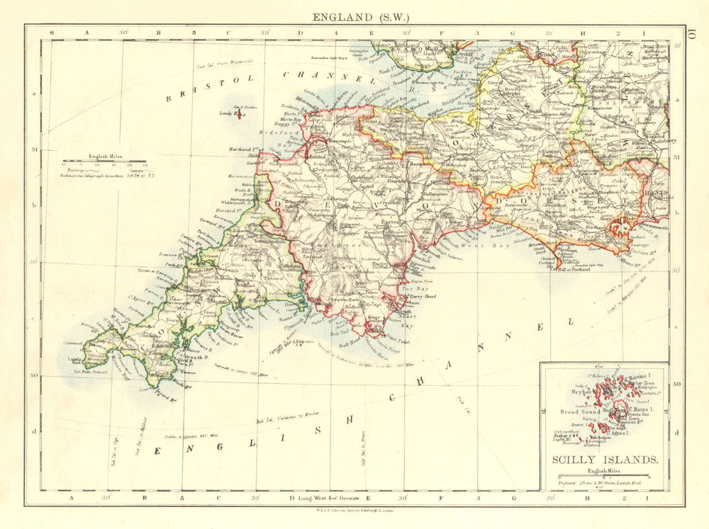 SOUTH WEST ENGLAND.Devon Cornwall Dorset Somerset.Telegraphs. JOHNSTON 1906 map