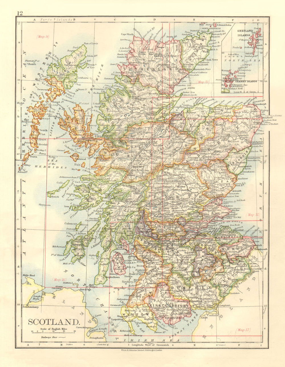 SCOTLAND. Counties. Undersea telegraph cables.  JOHNSTON 1906 old antique map