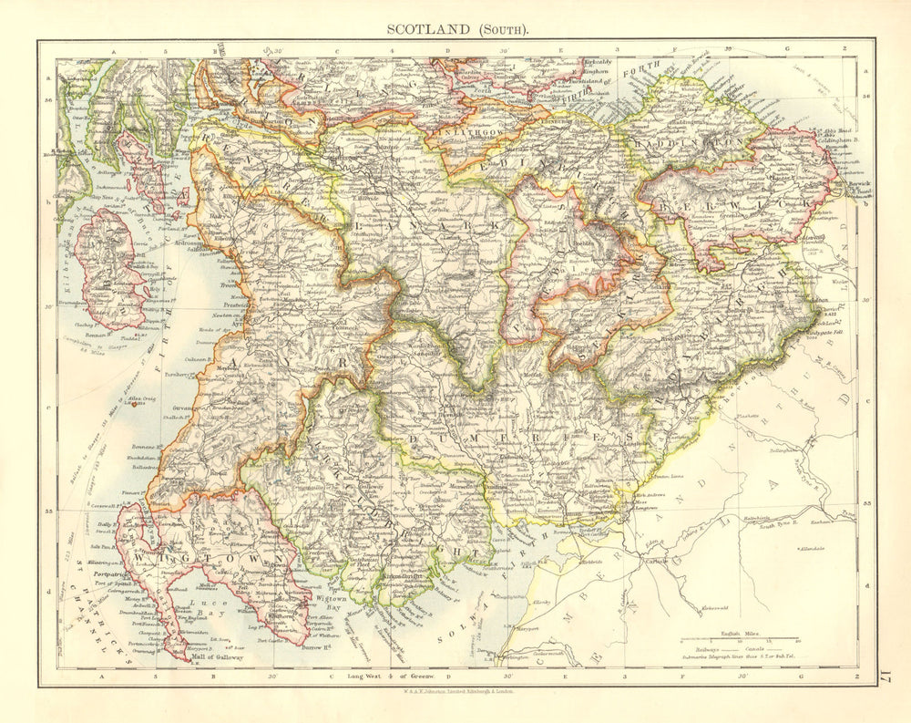 SOUTH SCOTLAND. Dumfries Galloway Lothian Borders Lanark Ayr. JOHNSTON 1906 map