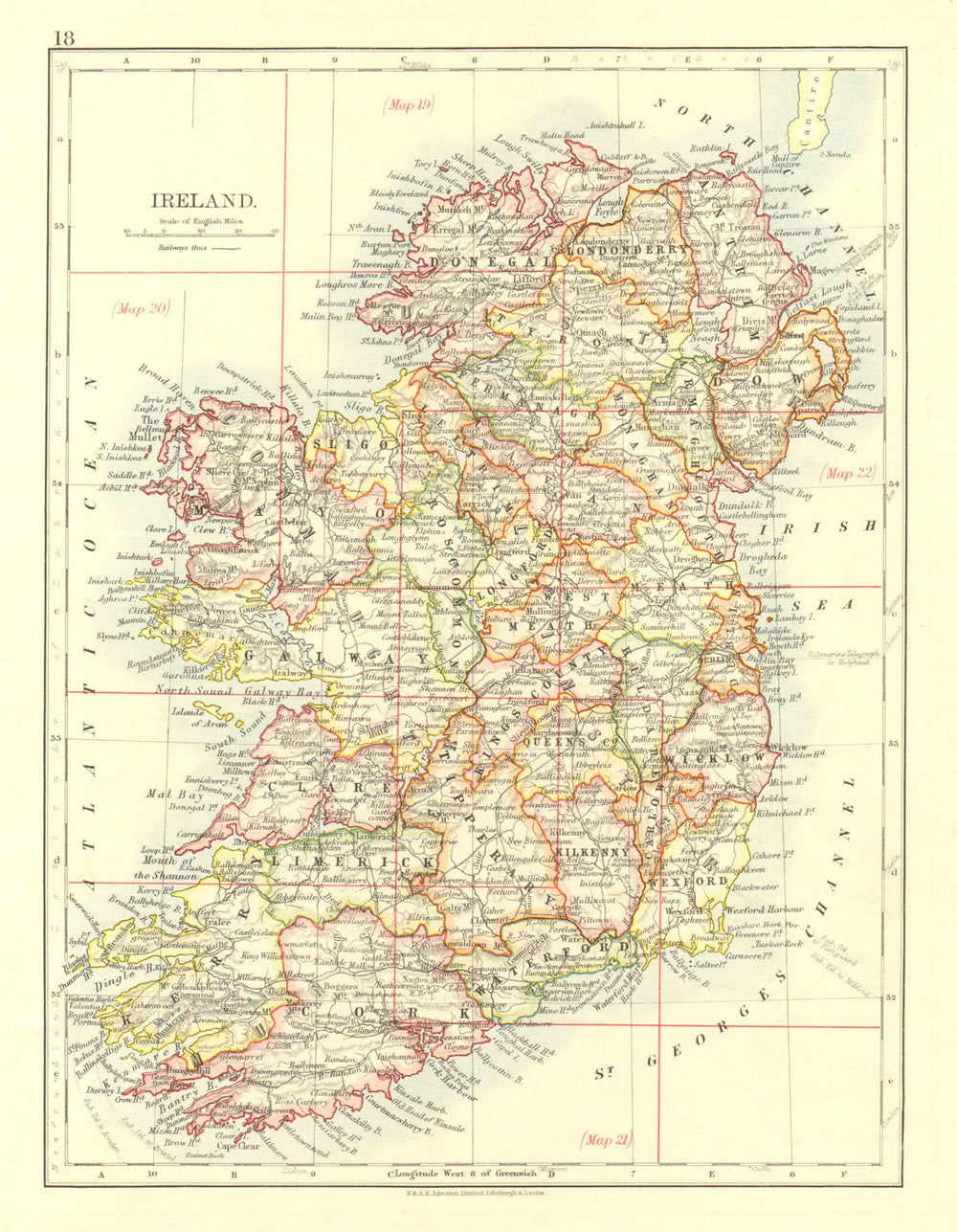 IRELAND. Showing counties. Undersea telegraph cables.  JOHNSTON 1906 old map
