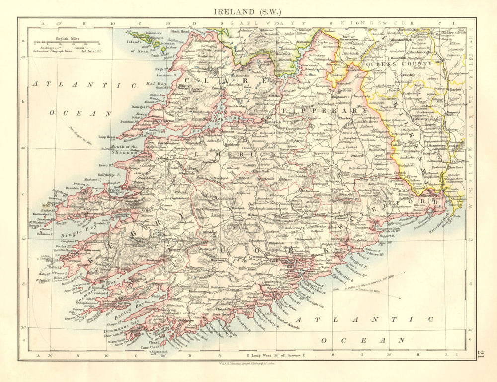MUNSTER.  Clare Cork Kerry Limerick Waterford &c.SW Ireland.  JOHNSTON 1906 map
