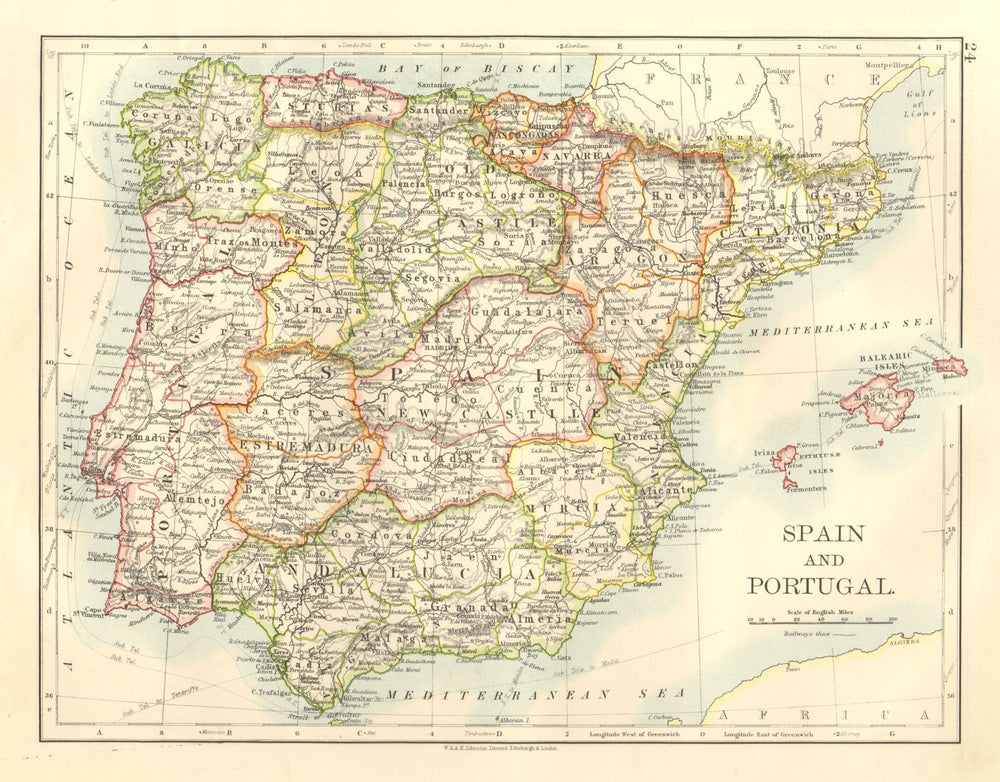 SPAIN AND PORTUGAL. Iberia. Provinces railways. Balearics.  JOHNSTON 1906 map