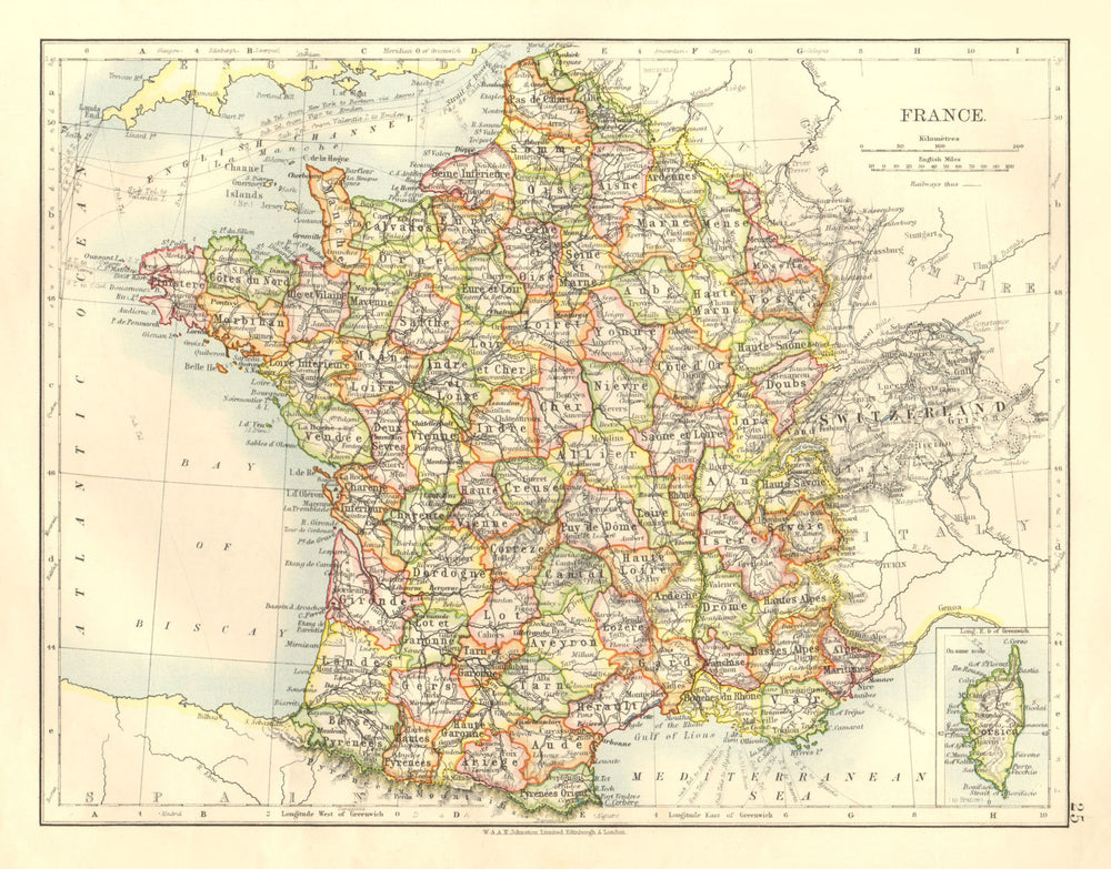 FRANCE. German Alsace & Lorraine. Undersea telegraph cables.  JOHNSTON 1906 map