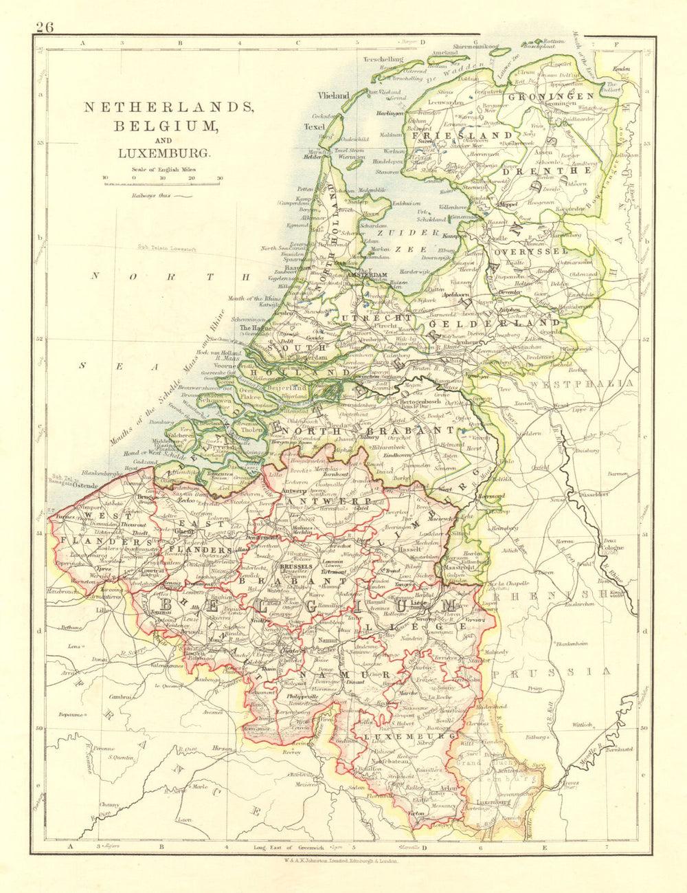 BENELUX.Netherlands Belgium Luxemburg. Holland.  JOHNSTON 1906 old antique map