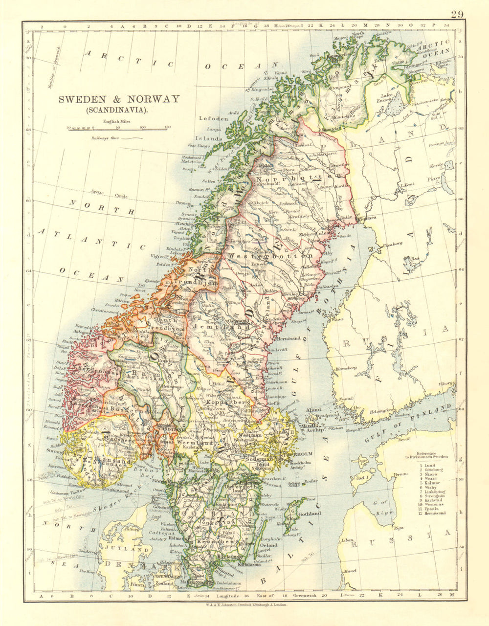 SCANDINAVIA. Sweden Norway.Railways Undersea telegraph cables. JOHNSTON 1906 map