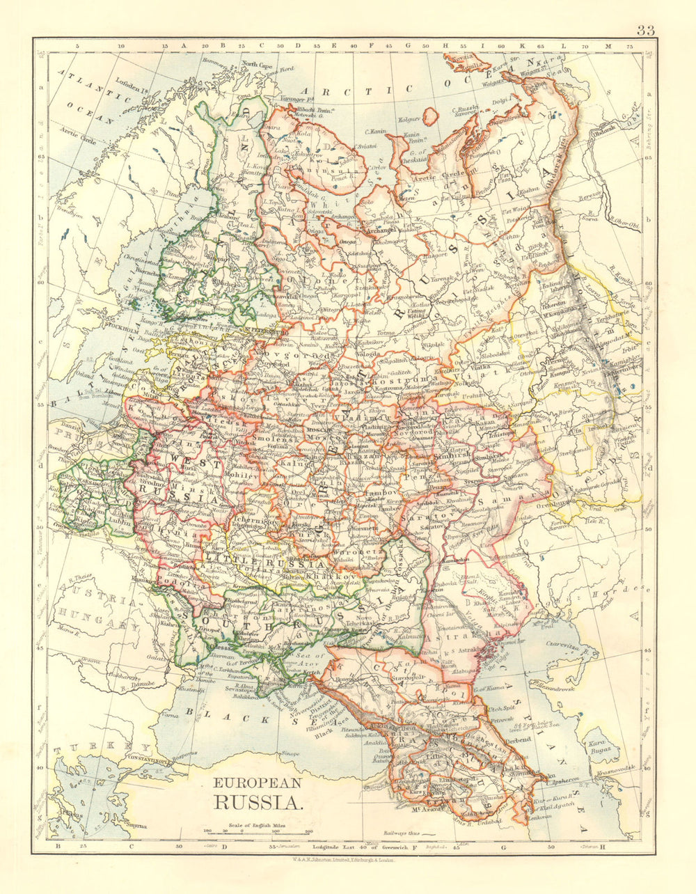 EUROPEAN RUSSIA. Shows Great/Little/West/South Russia.Poland. JOHNSTON 1906 map