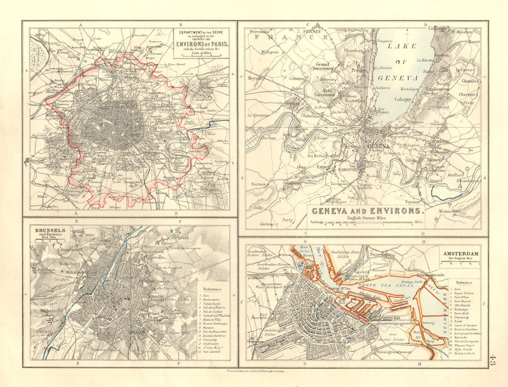 EUROPEAN CITIES. Environs of Paris Brussels Amsterdam Geneva. JOHNSTON 1906 map