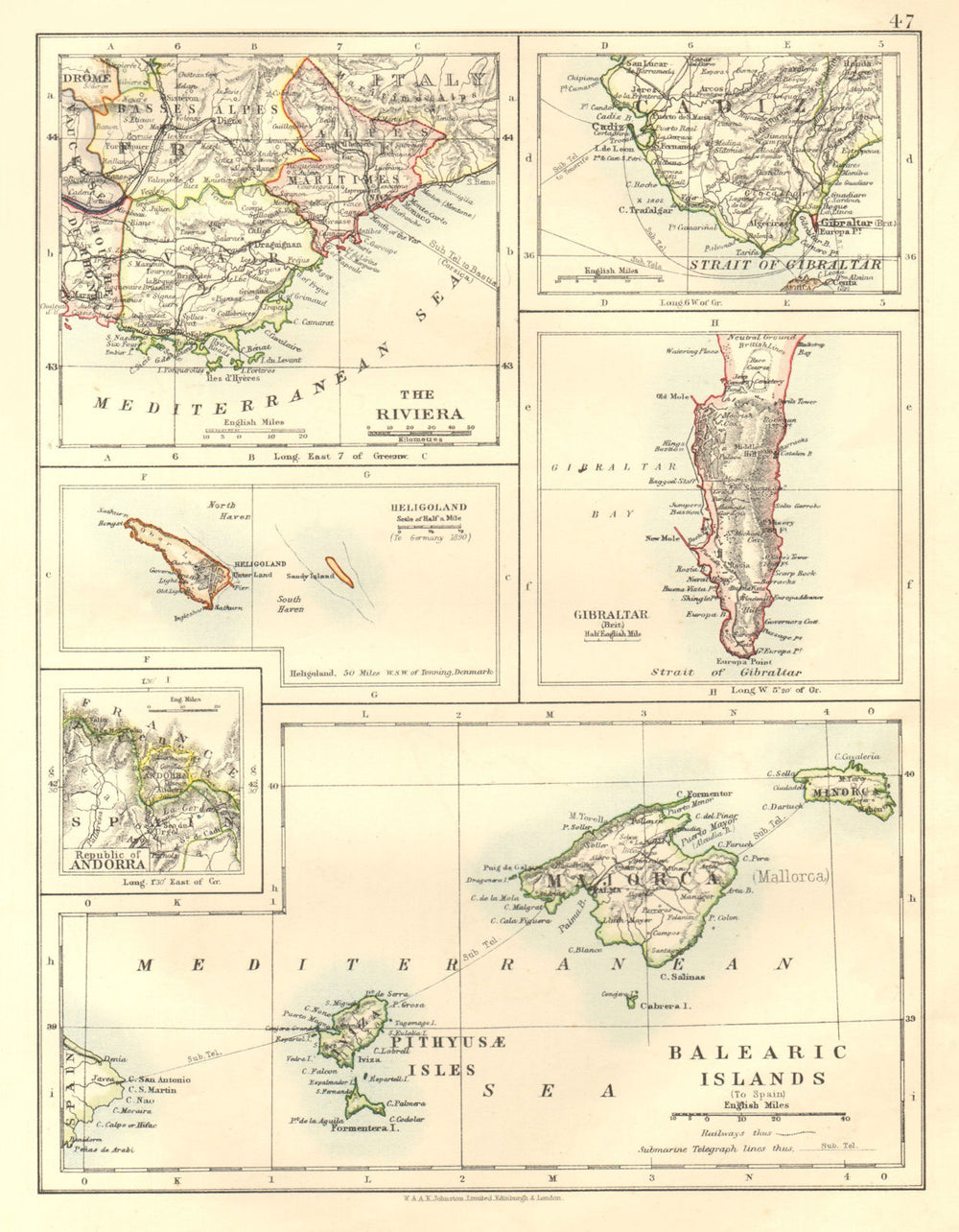 EUROPE.Balearic islands.Heligoland Gibraltar Andorra Riviera. JOHNSTON 1906 map