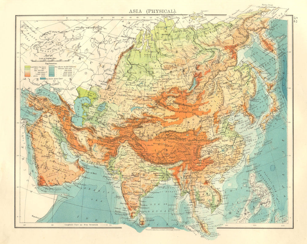 ASIA PHYSICAL. Relief Mountain heights Ocean depths Rivers.  JOHNSTON 1906 map