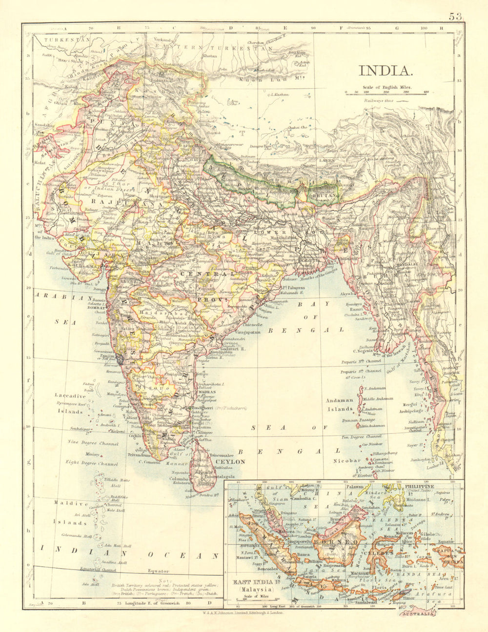 BRITISH INDIA. Showing states. Burma Nepal Bhutan Ceylon.  JOHNSTON 1906 map