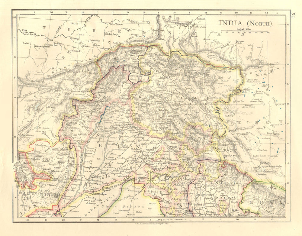 BRITISH INDIA NORTH. Jammu Kashmir Punjab Himalayas.  JOHNSTON 1906 old map