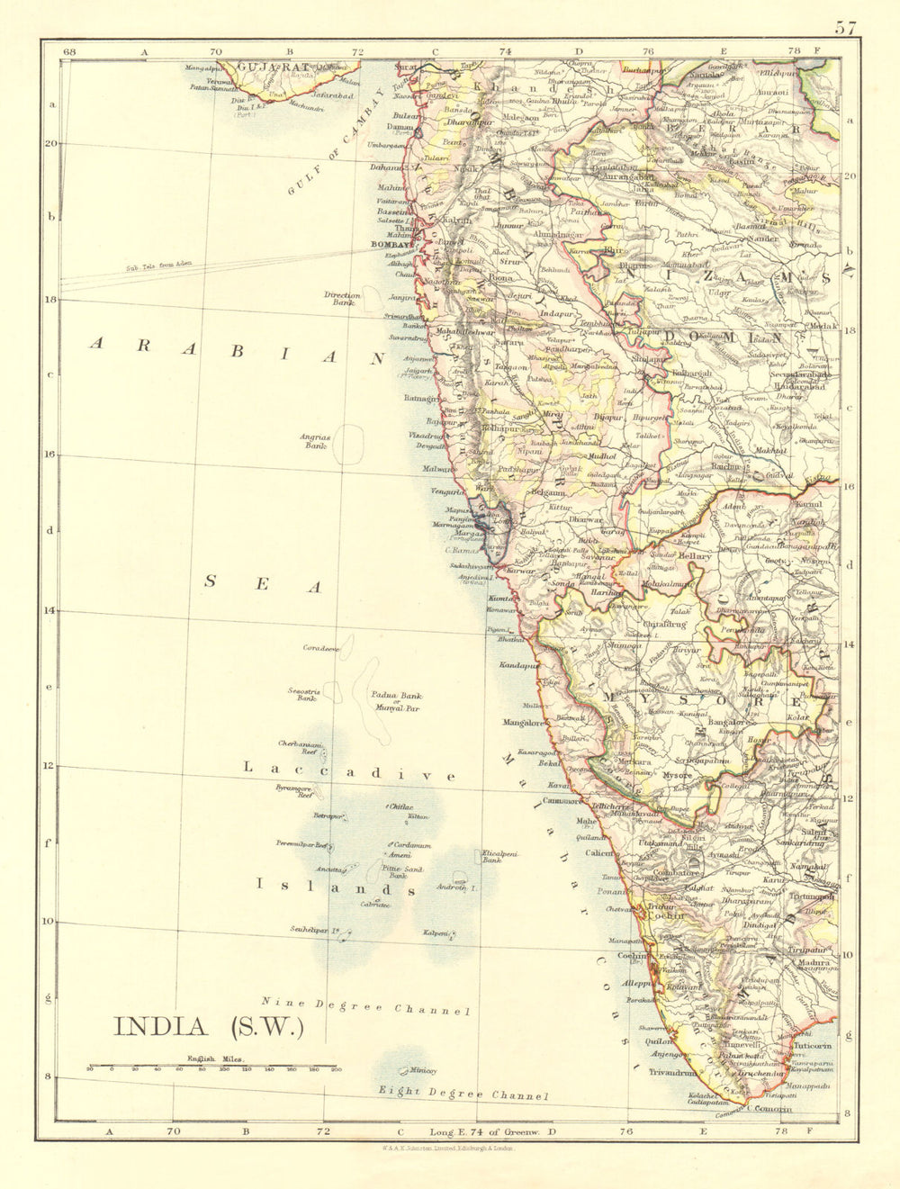 BRITISH INDIA SW.Bombay Mysore Malabar Coast Lakkadives.  JOHNSTON 1906 map