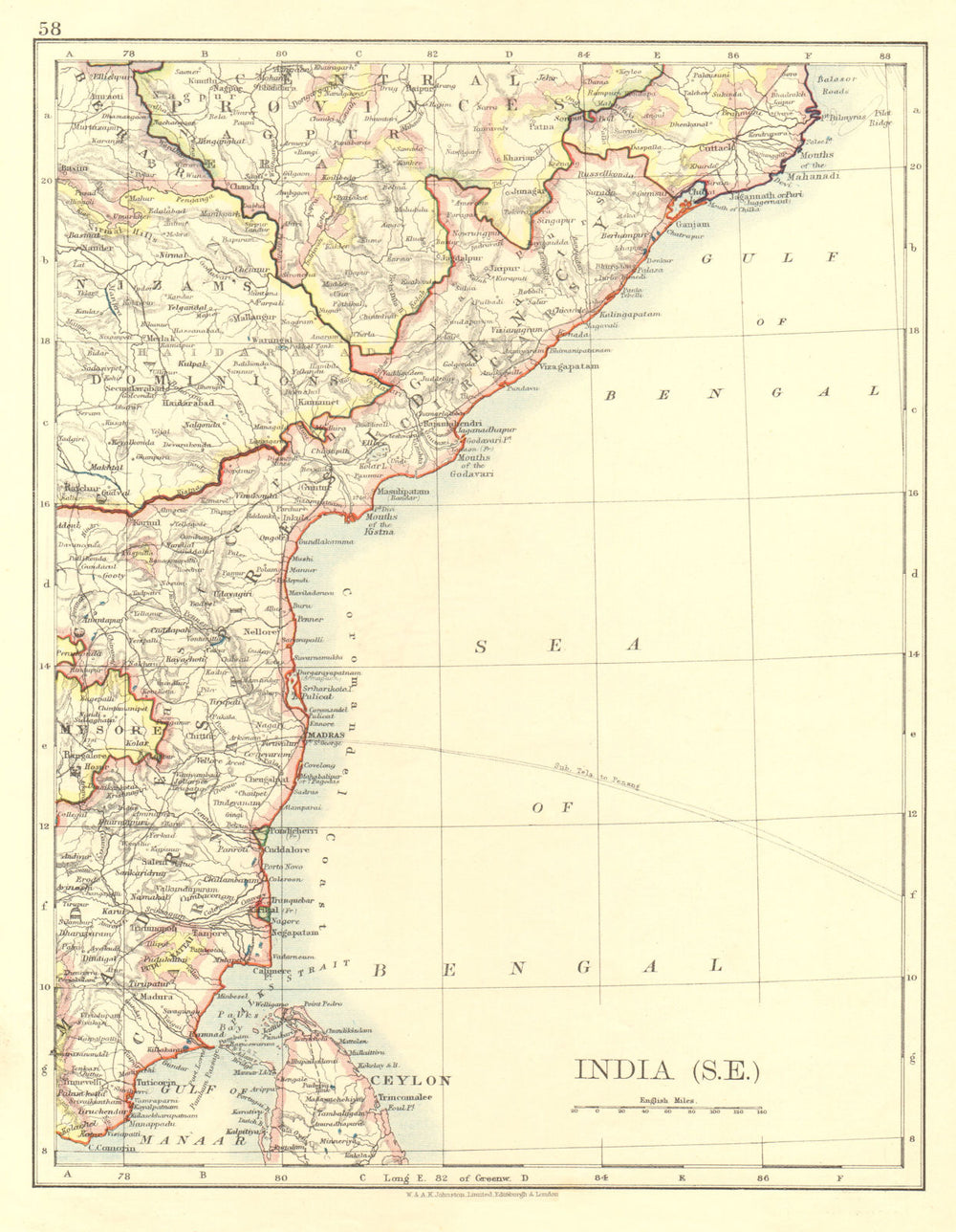 BRITISH INDIA SE.Madras Nizam's Dominions. Karikal Pondicherry.JOHNSTON 1906 map