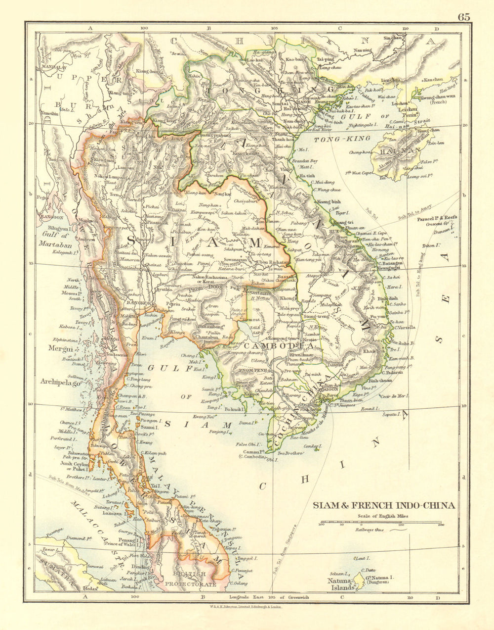 FRENCH INDOCHINA & SIAM. Thailand. Burma Cambodia Annam. JOHNSTON 1906 old map