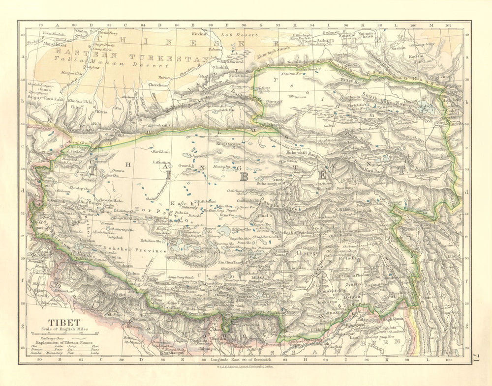 TIBET. Lhasa Chang Tang Himalayas Taklamakan desert. JOHNSTON 1906 old map
