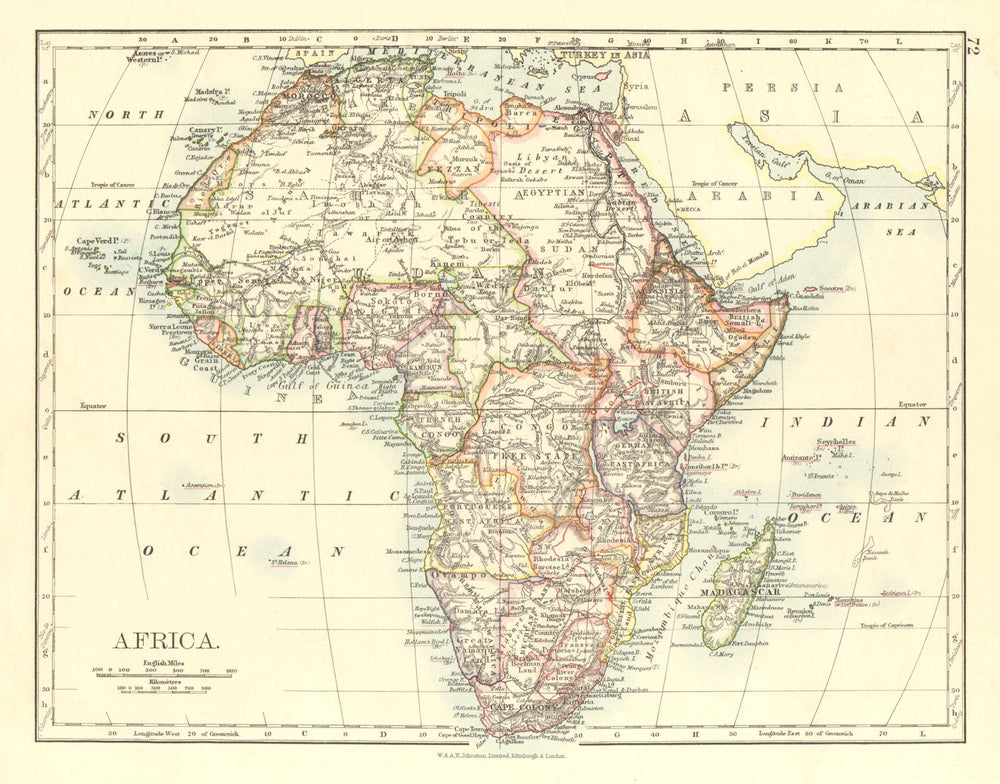 COLONIAL AFRICA. Cape Colony Rhodesia Portuguese East/West. JOHNSTON 1906 map
