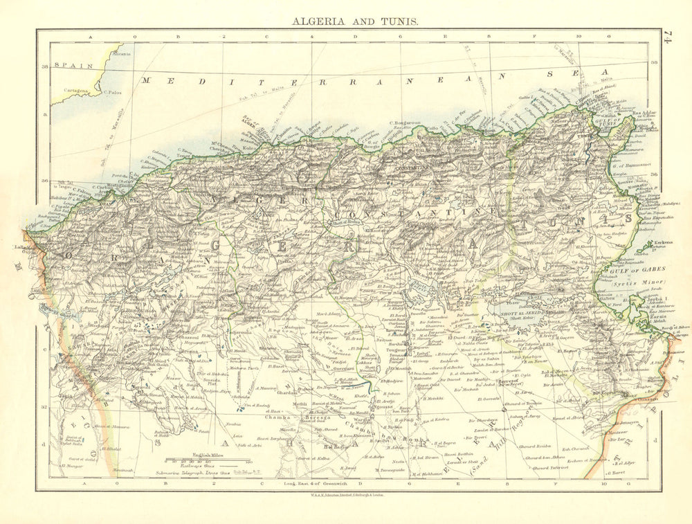 ALGERIA & TUNIS. Maghreb Tunisia. Provinces. Telegraph cables. JOHNSTON 1906 map