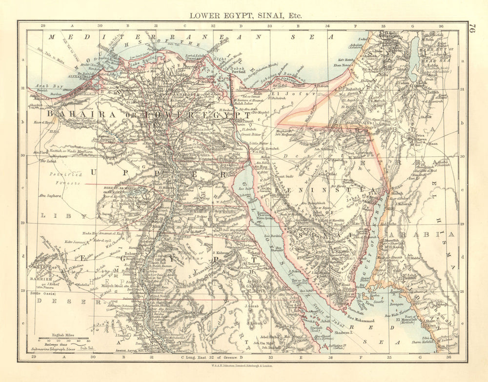 LOWER EGYPT & SINAI. Provinces. Nile valley/delta. Railways.  JOHNSTON 1906 map