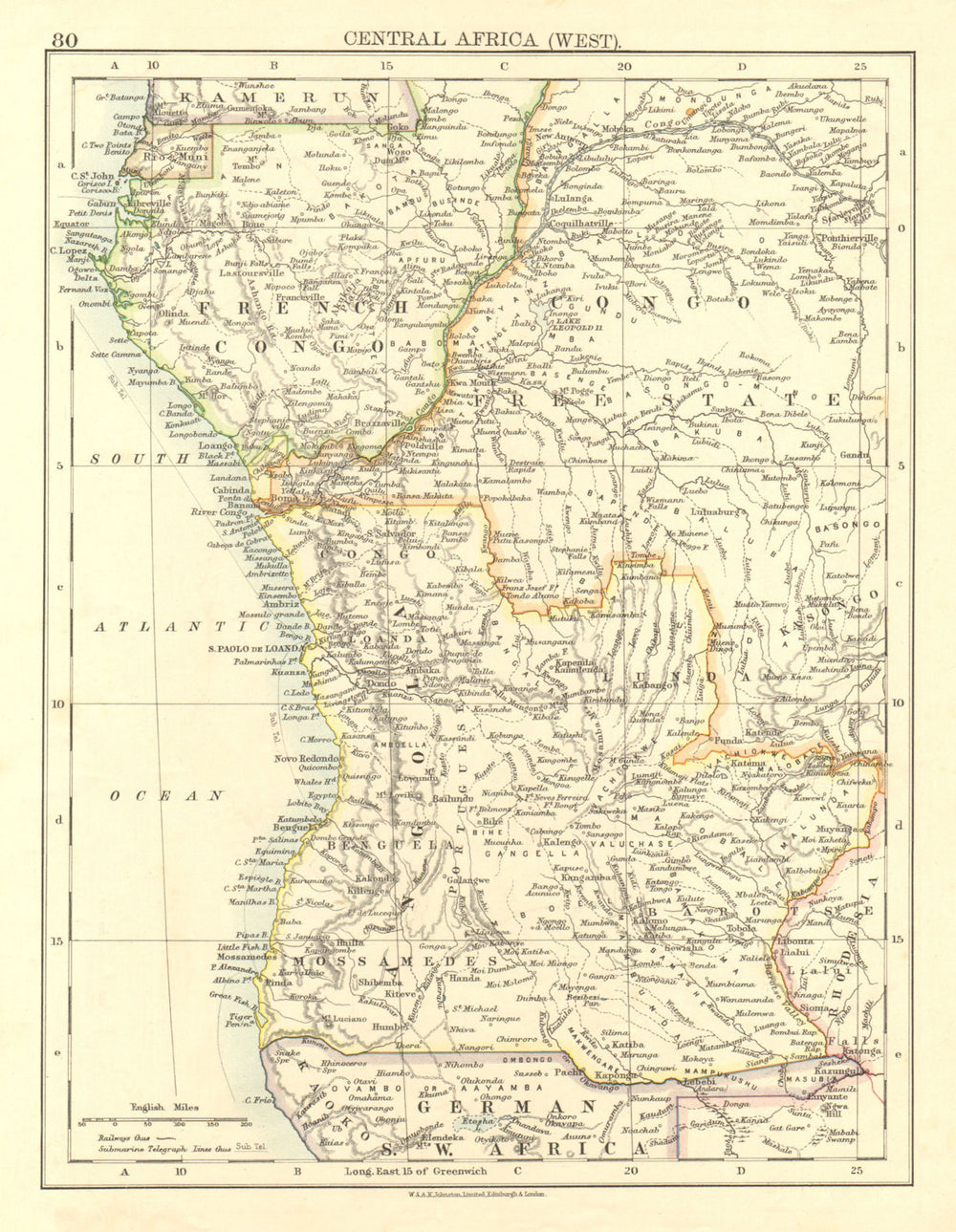 COLONIAL CENTRAL AFRICA. French Congo Free State Angola. JOHNSTON 1906 old map