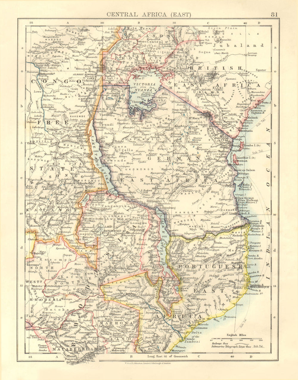 COLONIAL EAST AFRICA. British/German/Portuguese East Africa. Tanzania 1906 map