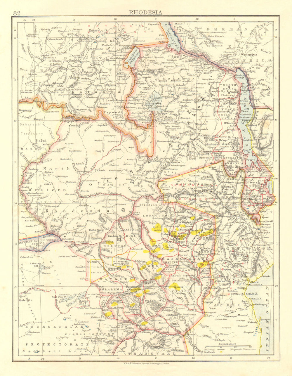 RHODESIA. Goldfields (yellow). Zambesia. Zambia Malawi Zimbabwe 1906 map