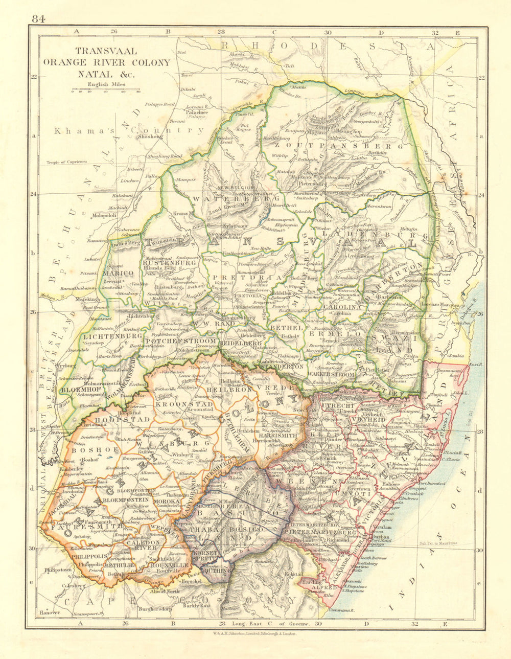 COLONIAL SOUTH AFRICA. Orange River Colony Natal Basutoland Transvaal 1906 map