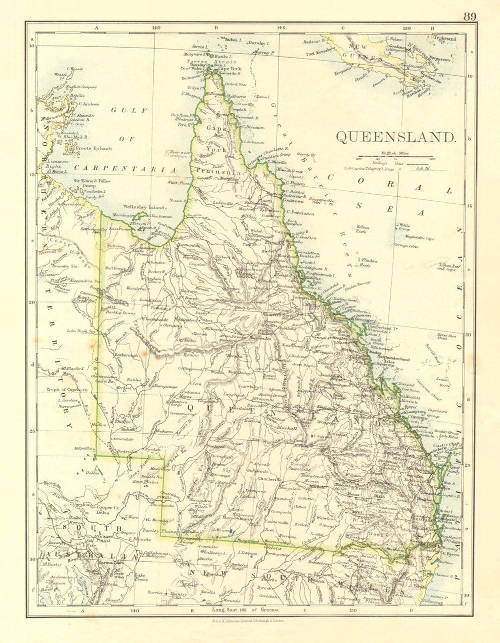 QUEENSLAND. State map Brisbane Gold Coast Railways. Australia.  JOHNSTON 1906