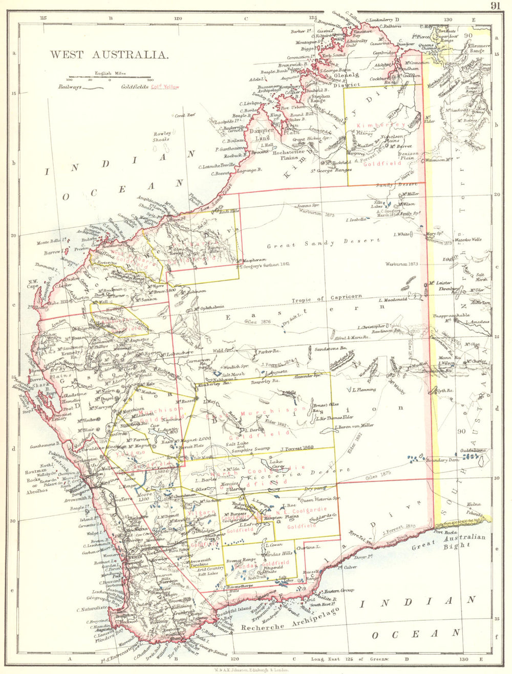 WEST AUSTRALIA. Goldfields Explorers route Giles Forrest Roe Warburton 1906 map