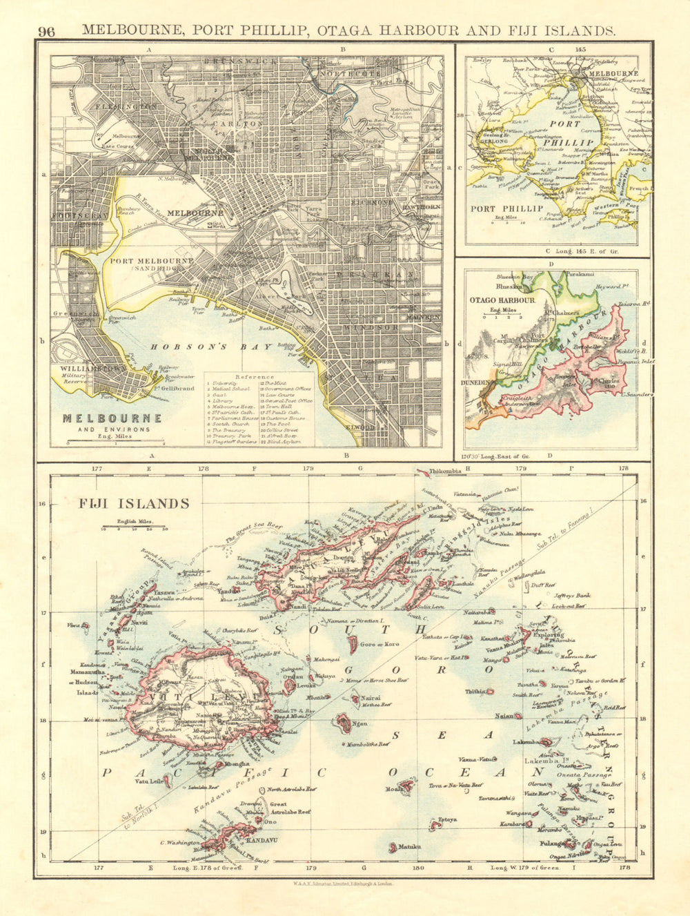 AUSTRALASIA. Melbourne plan. Fiji Viti/Vanua Levu. Otago Port Phillip 1906 map