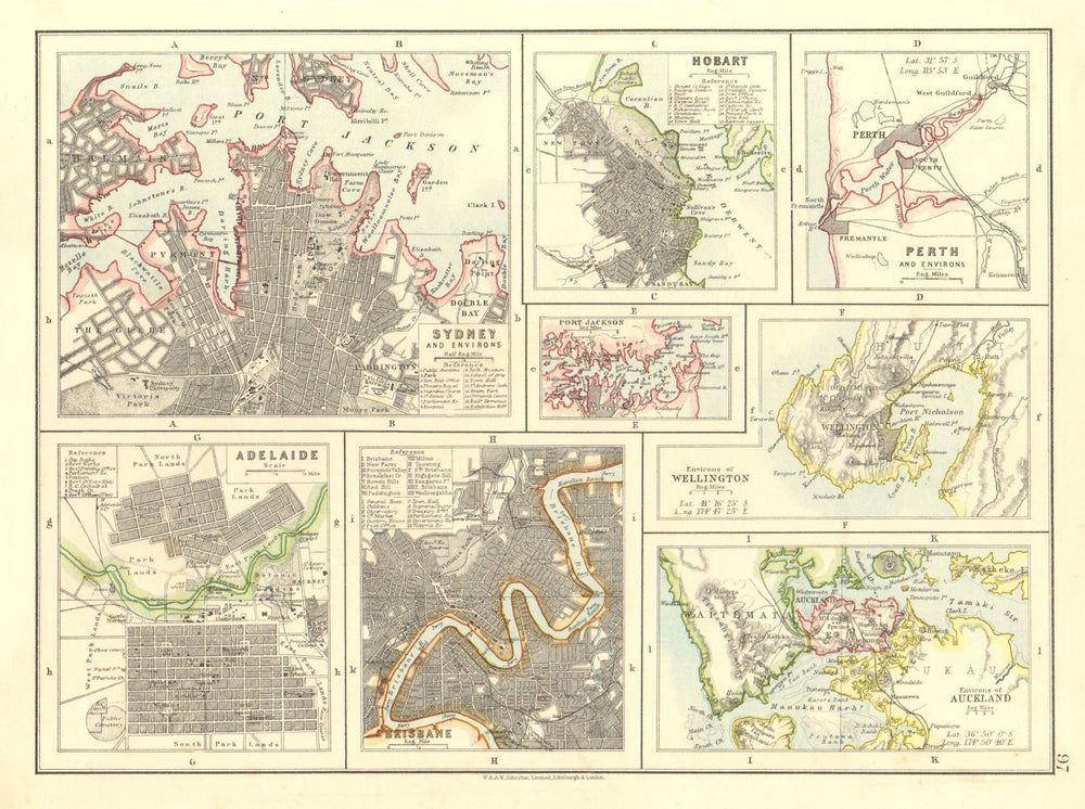 AUSTRALIA NZ CITIES. Sydney Hobart Perth Adelaide Brisbane Auckland 1906 map