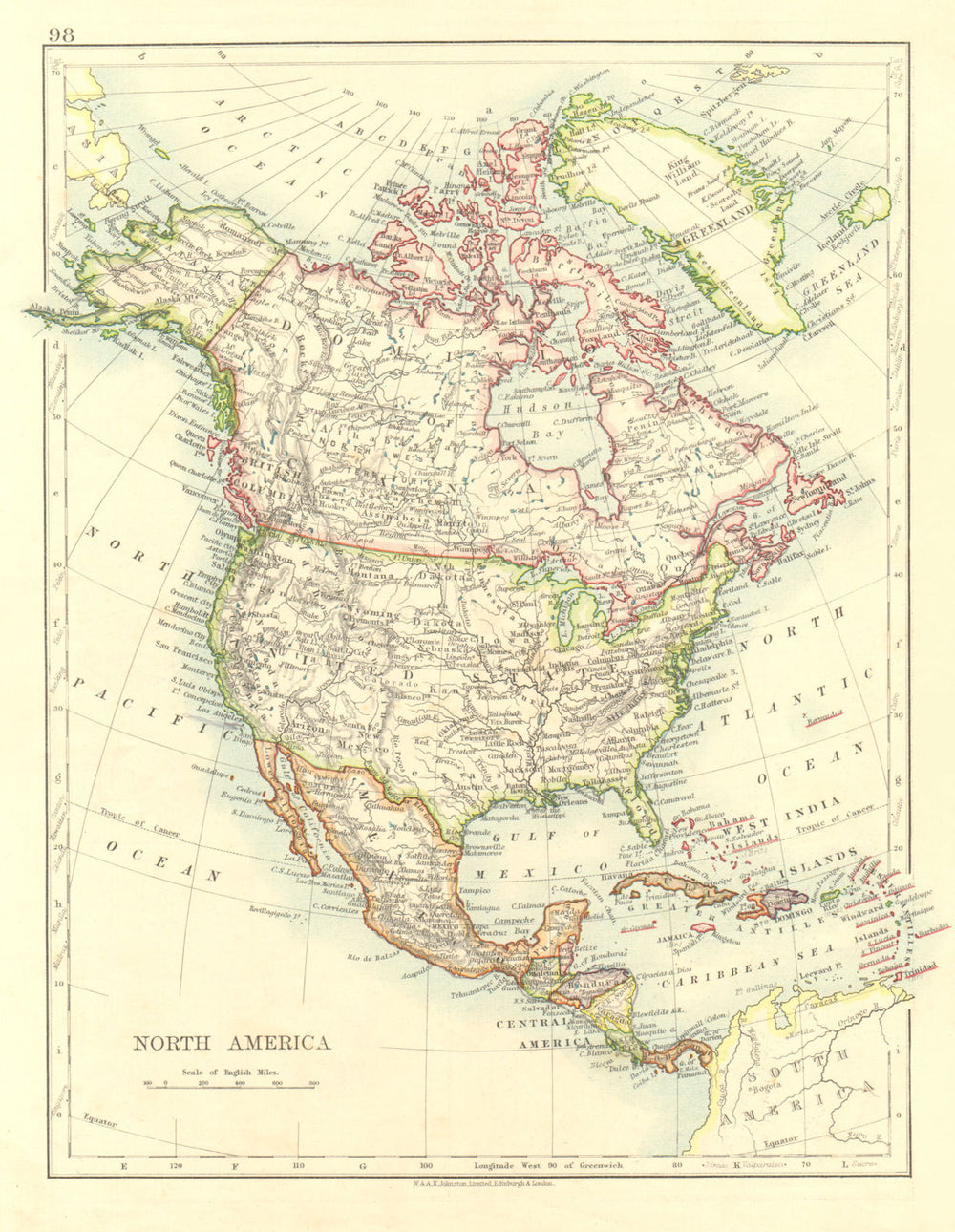 NORTH AMERICA POLITICAL. Greenland USA Canada Mexico. JOHNSTON 1906 old map