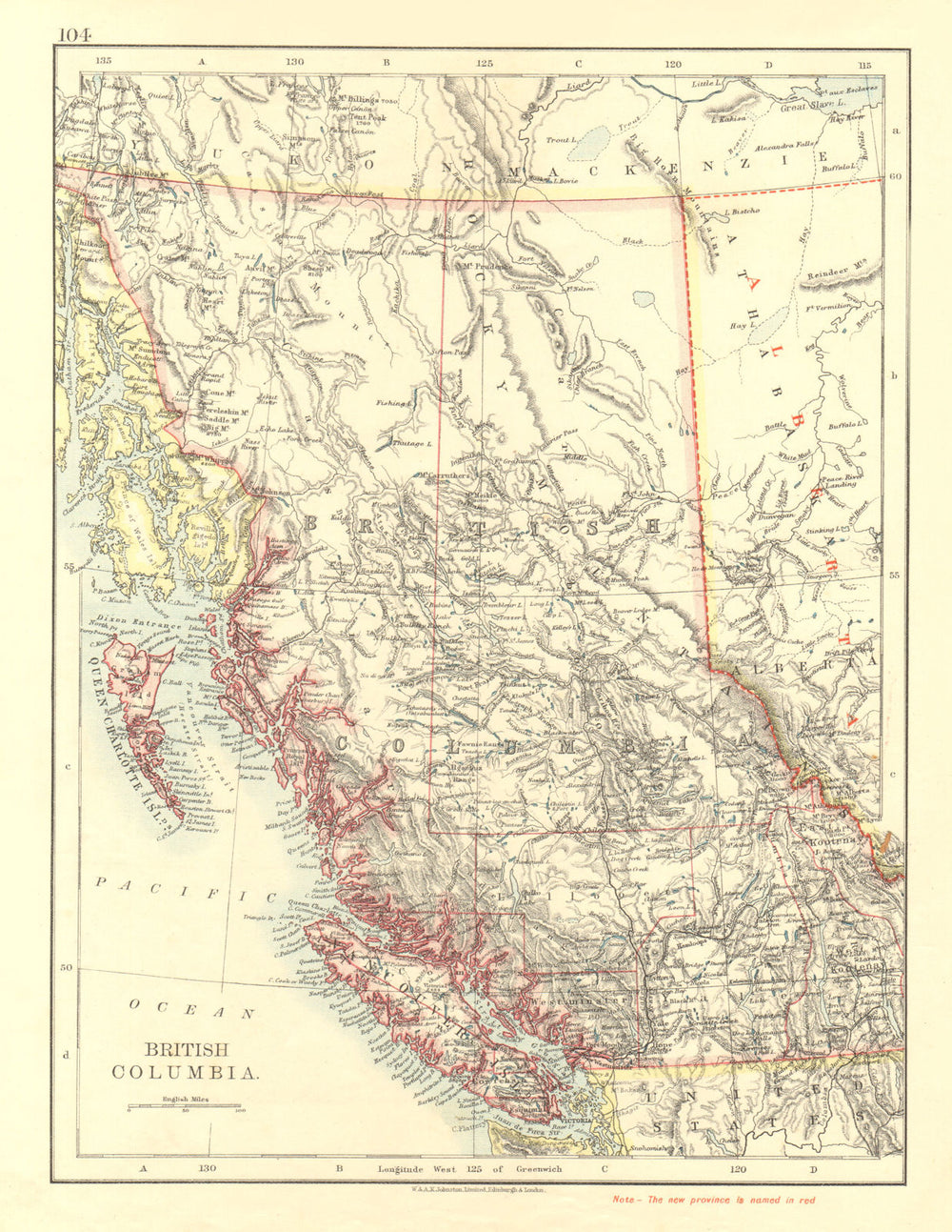 BRITISH COLUMBIA. Province map. Railroads. Vancouver island.  JOHNSTON 1906