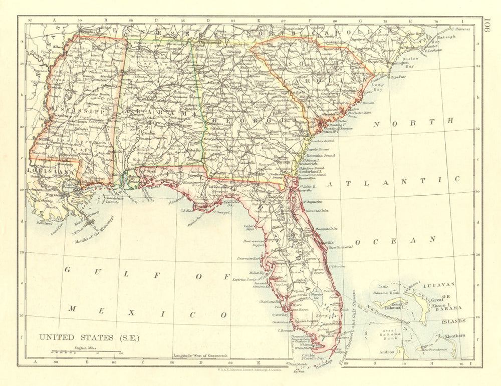 USA DEEP SOUTH. Florida South Carolina Georgia Alabama Mississippi USA 1906 map